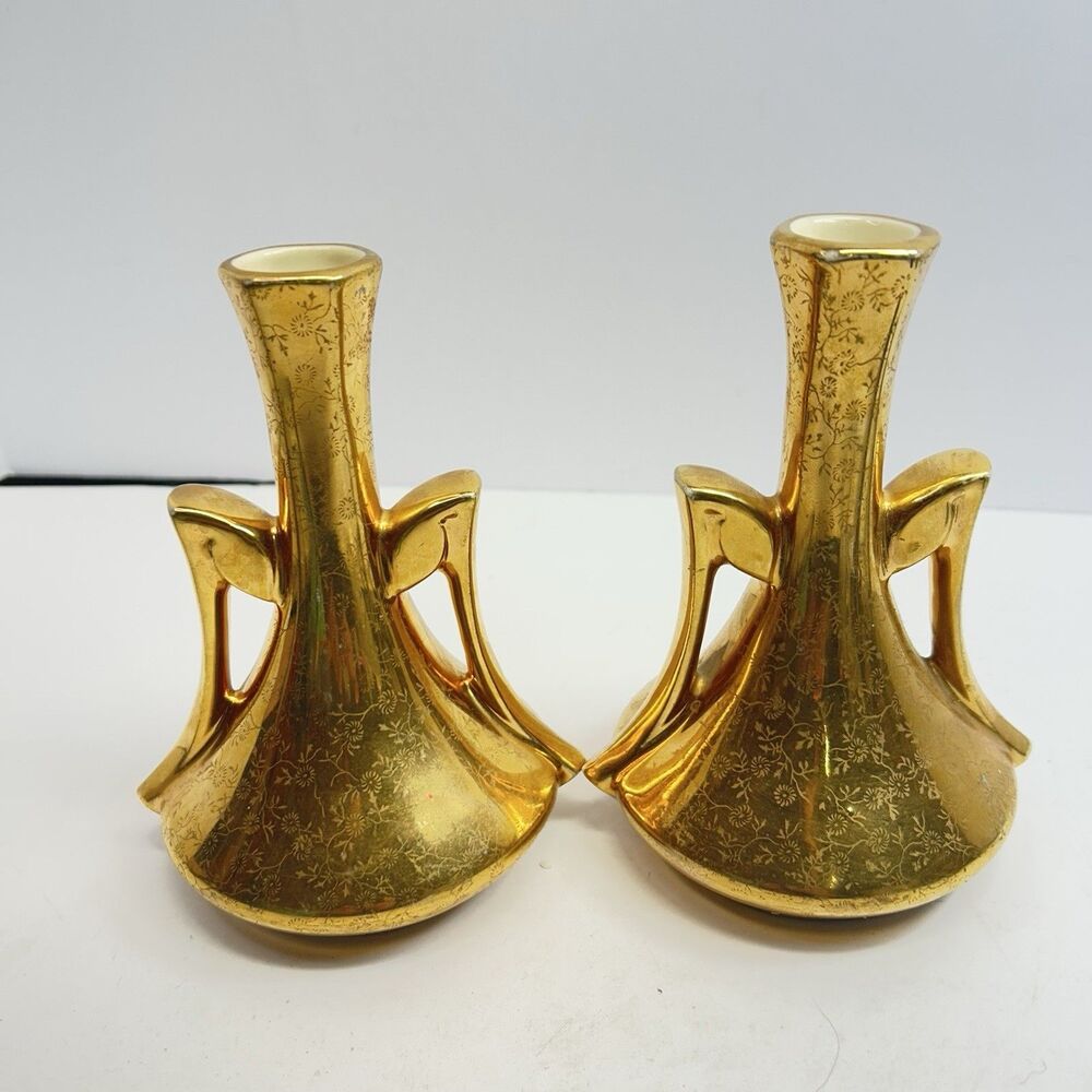 Vintage Pair Pearl China Co 22K Gold Hand Decorated Double Handle Vases MCM